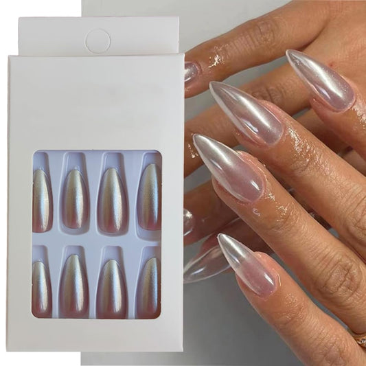 S.A.V.I 24 PCs Silver Pearl Gradient Almond Press-On Nails | Adhesive  Glue Included
