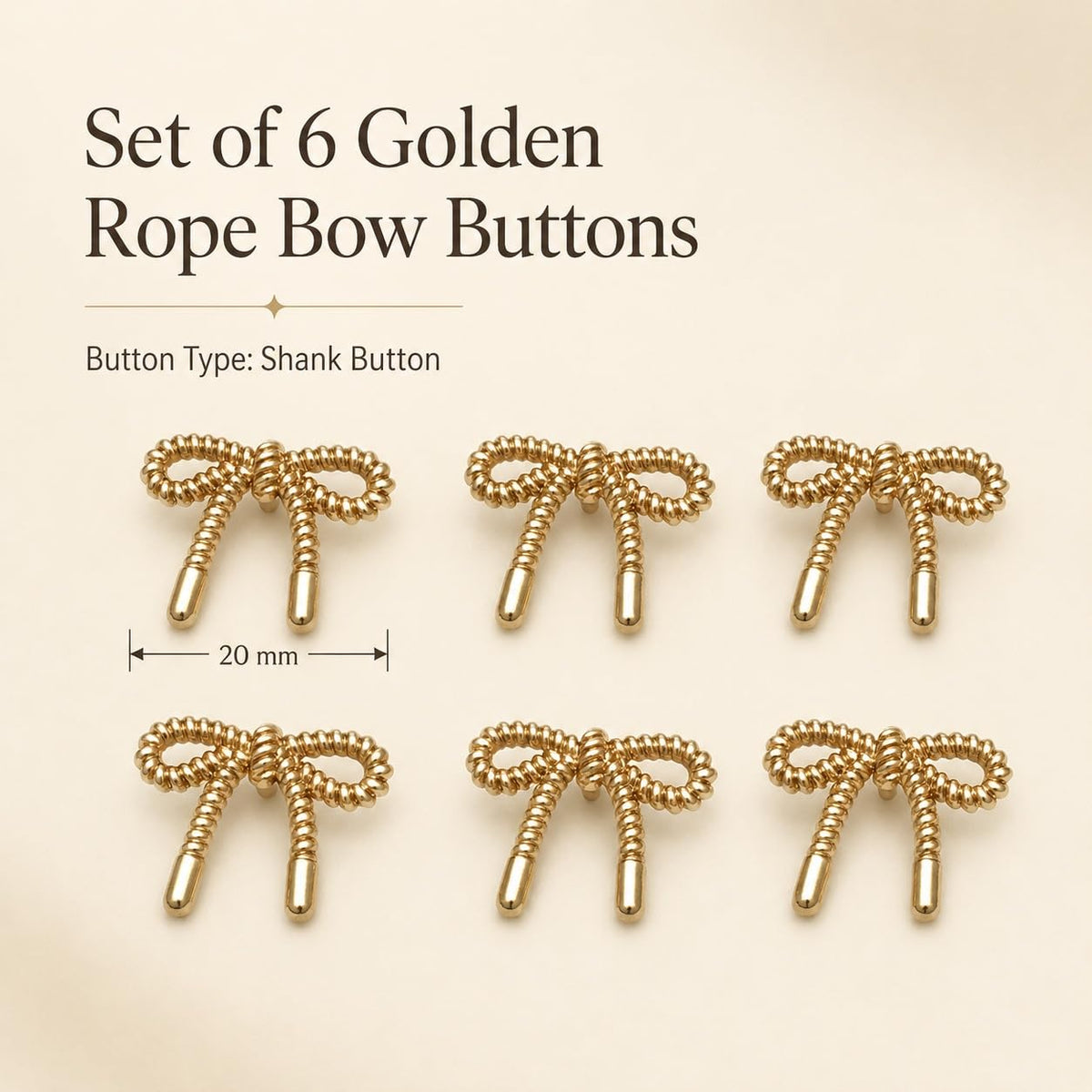 S.A.V.I Golden Bow Buttons for Dresses 20mm, Set of 6 | Gold-Tone Shank Fasteners, Rope-Knot Design, Women's Garments, Decorative Embellishments