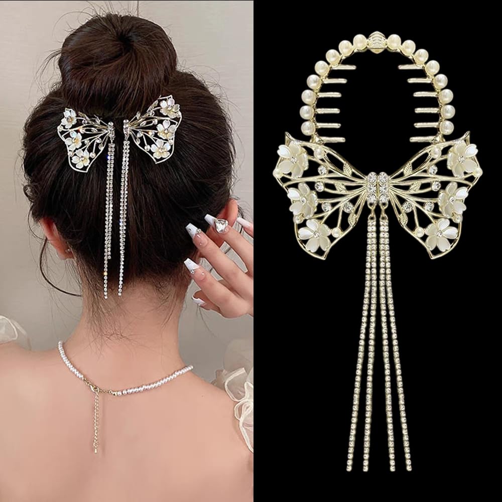 S.A.V.I Elegant Gold Bow Hair Clip for Women - Pearl  Rhinestone Tassel Hairpin | Floral Orchid Design Hair Accessories for Updos | Wedding, Party  Festivals | Durable  Stylish (1 Pc)