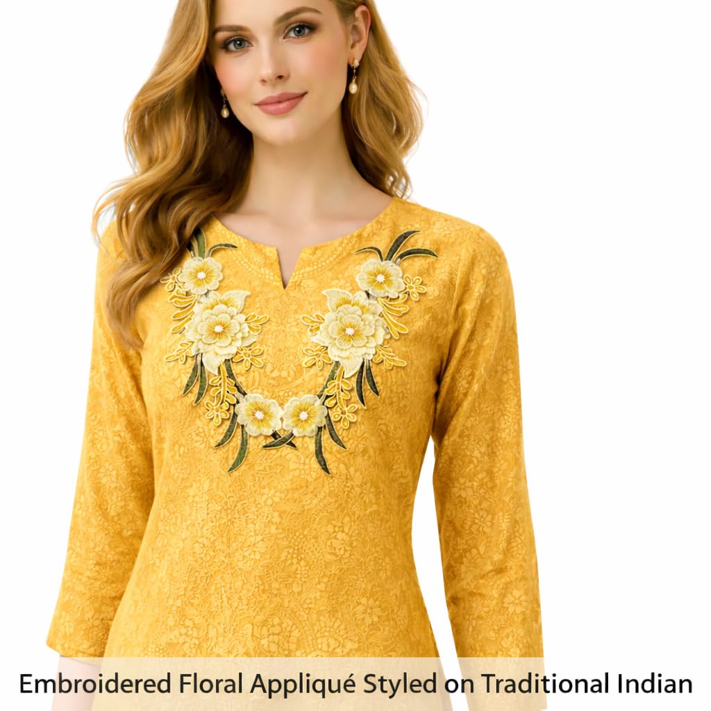 S.A.V.I Pair of Yellow & Gold Embroidered Floral Sew-On Appliqué (12.5 x 33.5 cm) | Fabric Lace Flower Patch for Blouse, Gown, Kurti & Dress Neckline Decor (Yellow-Gold)