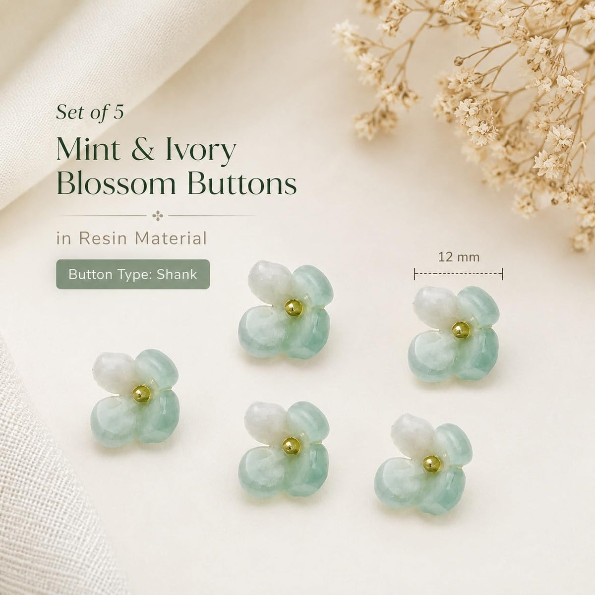 S.A.V.I Floral Resin Shank Buttons 12mm Mint & Ivory, Set of 5 | Kurti & Blouse Sewing, DIY Tailoring, Ethnicwear Fasteners, Craft Embellishments