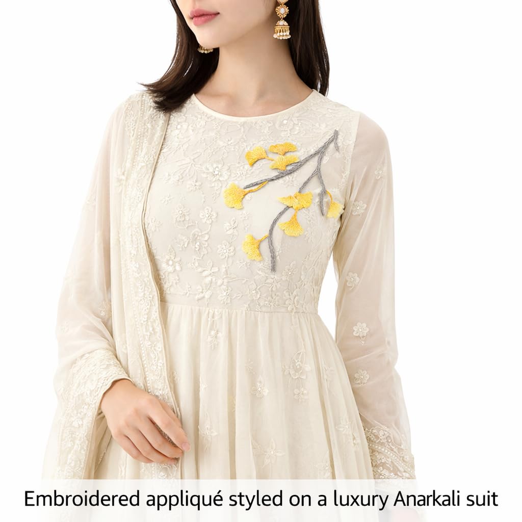 S.A.V.I Iron-On Embroidered Ginkgo Leaf Appliqué Patch Yellow Grey Floral Branch Design Fabric Embroidery 12.7 x 17.9 cm for Dresses Sarees Kurtis DIY Craft (Right)