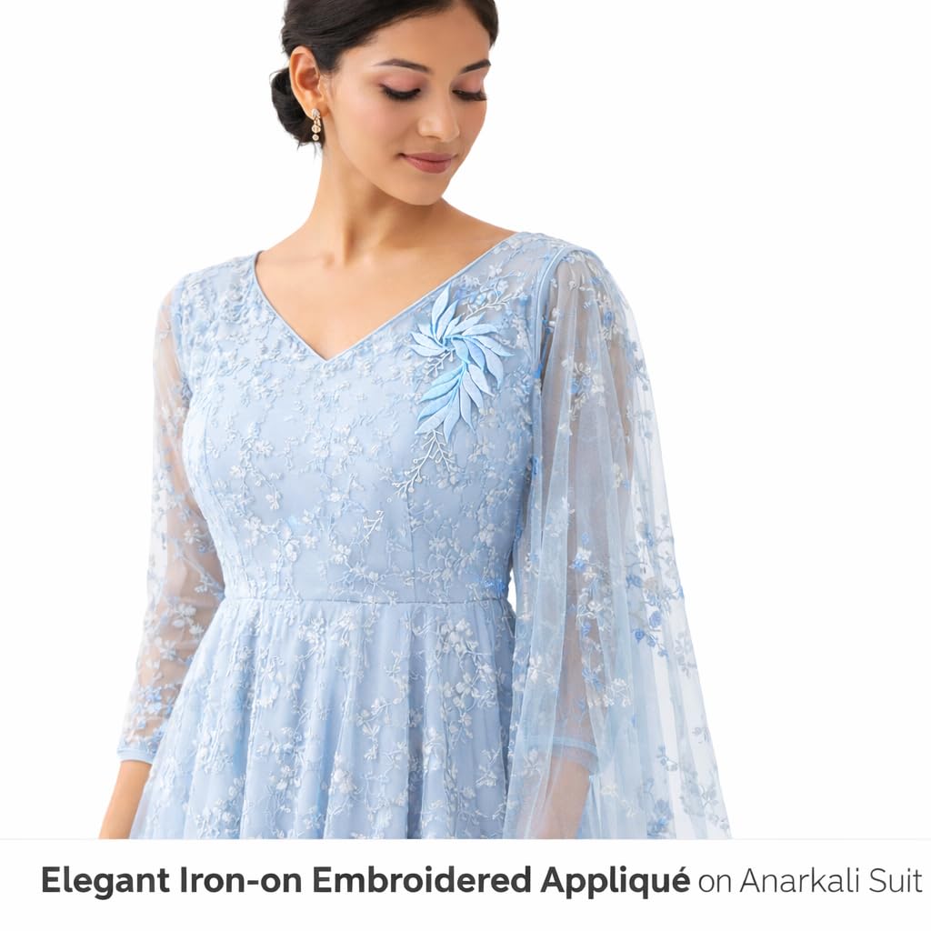 S.A.V.I Blue & Silver Floral Iron-On Embroidered Appliqué Patch 7.5 x 17 cm | Leaf Motif Threadwork Design for Dresses, Sarees, Blouses, DIY Fabric Craft (Right, Blue, 7.5 x 17 cm)
