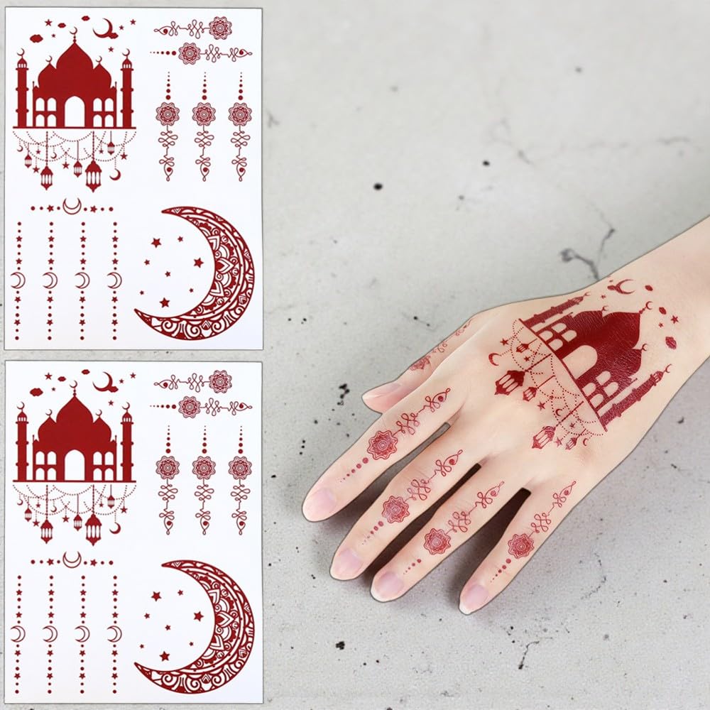S.A.V.I 2Pcs Natural Islamic Henna Mehndi Temporary Tattoo Stickers for Women – Crescent Moon, Mosque & Mandala Design, Waterproof Skin-Safe Transfer Body Art for Eid, Nikah & Festivals (#51)
