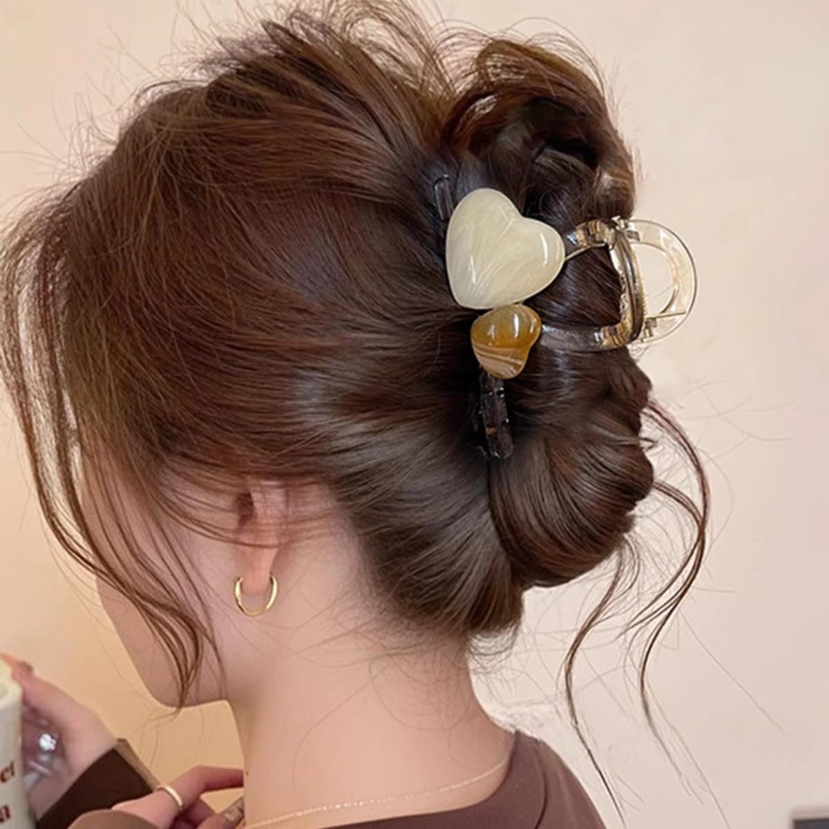 S.A.V.I Heart Design Hair Claw Clip for Women & Girls | White & Brown Marble Look Acrylic Clutcher | 8cm Strong Grip Stylish Hair Accessory for Daily & Party