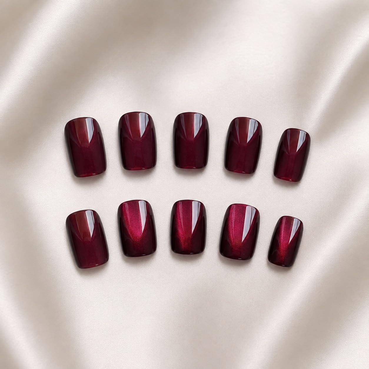 S.A.V.I Press on Nails Burgundy Cat Eye Shimmer Short Square 30 Pcs