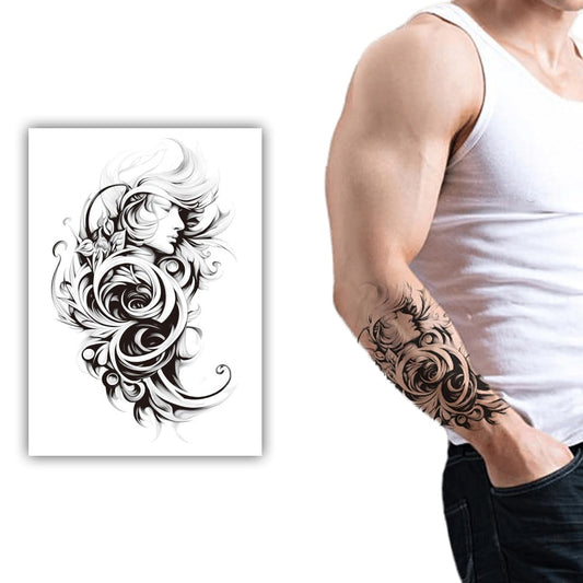 S.A.V.I Black Floral Swirl Goddess Arm Sleeve Temporary Tattoo Sticker | Large 21x11 cm Waterproof Sweatproof Skin-Safe Non-Toxic Removable Body Art for Men & Women | 1 Pc Festival Party Cosplay