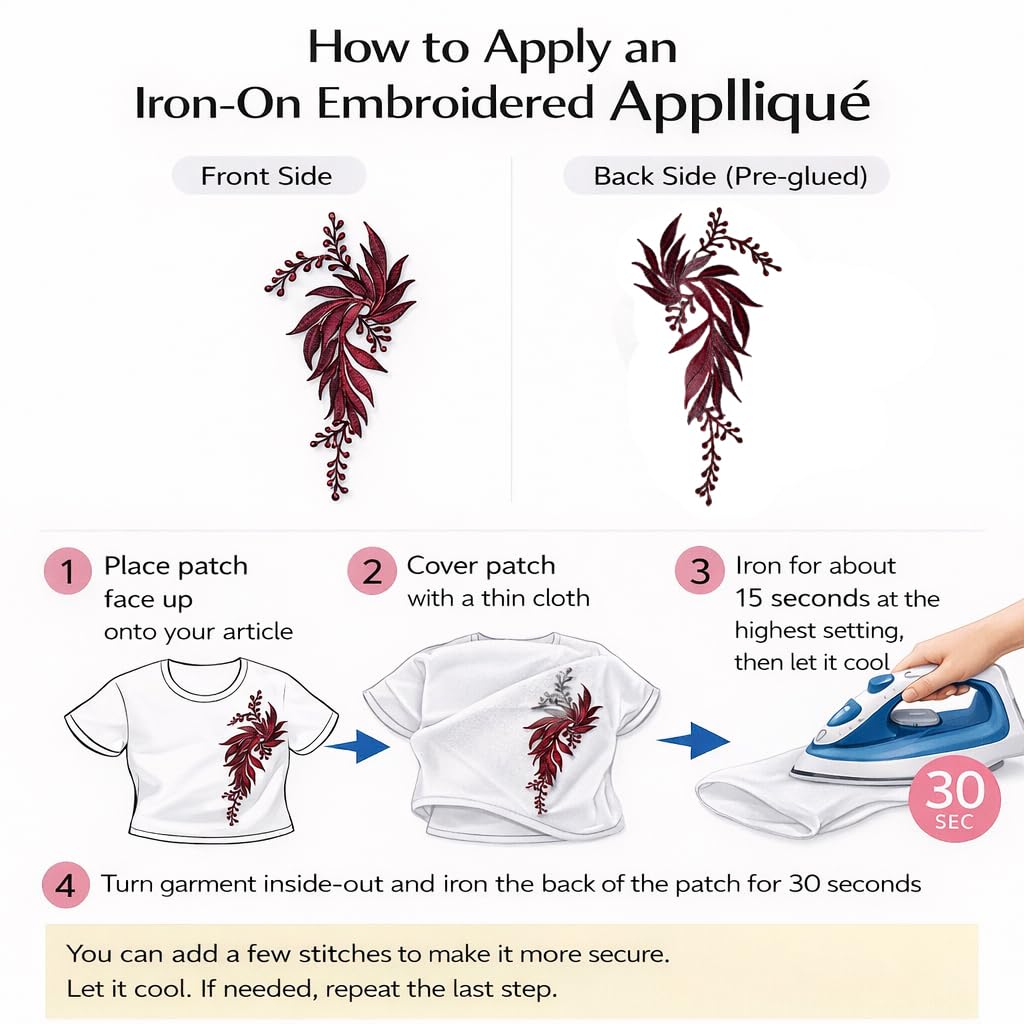 S.A.V.I Burgundy & Silver Floral Iron-On Embroidered Appliqué Patch 7.5 x 17 cm | Leaf Motif Threadwork Design for Dresses, Sarees, Blouses & DIY Fabric Craft (Left, Burgundy, 7.5 x 17 cm)
