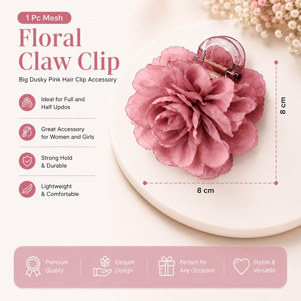 S.A.V.I Floral Claw Clip for Women 8 cm Dusky Rose Hair Clip | Strong Hold, Lightweight, Half & Full Updos, Comfortable Wear, For Girls & Parties
