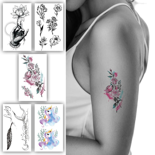 S.A.V.I Set of 5 Stylish Temporary Tattoo Sheets - Waterproof, Long-Lasting | 10.5X6cm | Floral, Fantasy  Artistic Designs | Perfect for Festivals, Parties  Daily Wear | Easy Application