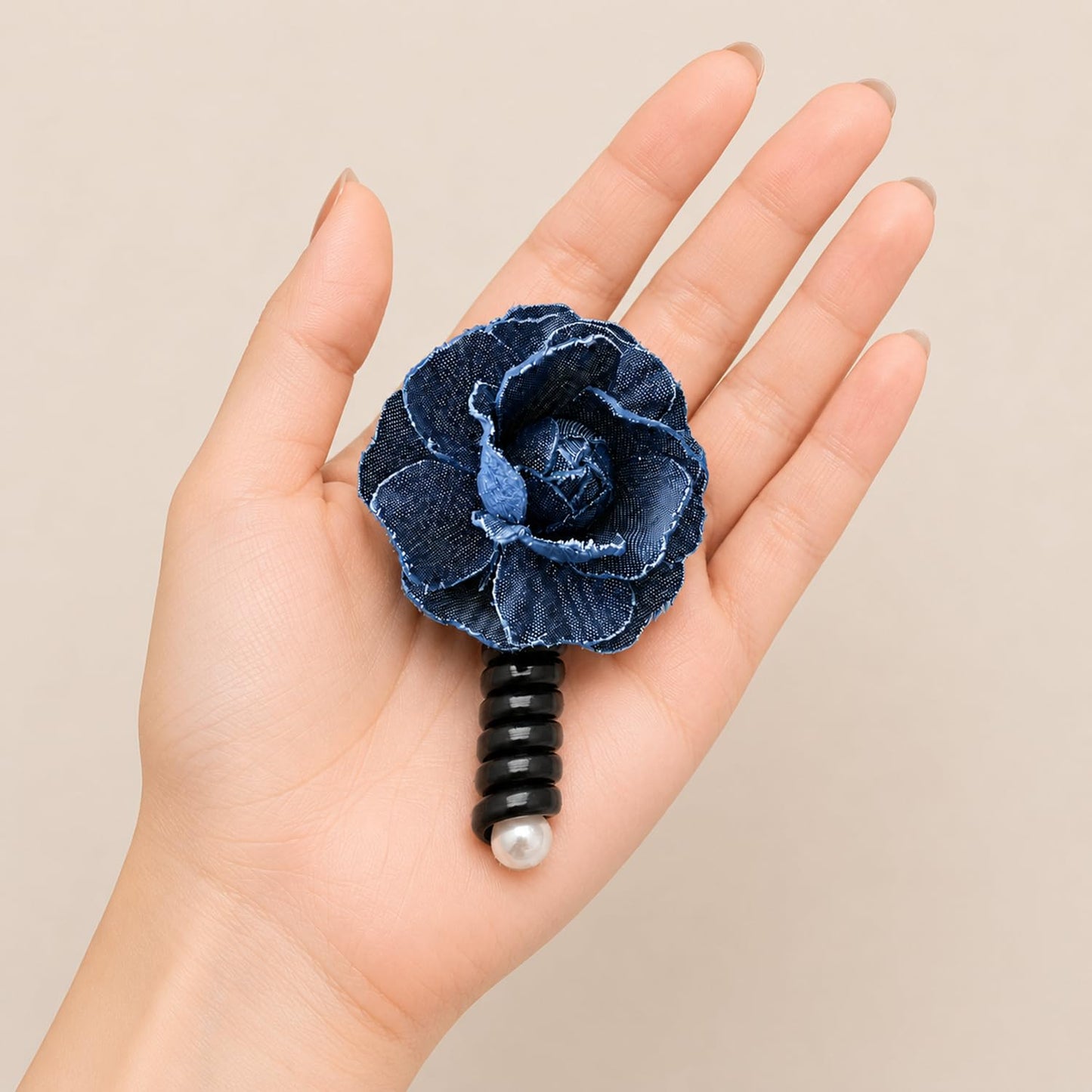 S.A.V.I Denim Flower Spiral Hair Tie for Women Dark Blue, Floral Elastic Pony Holder, 9 cm Accessory for Casual & Party, Comfortable