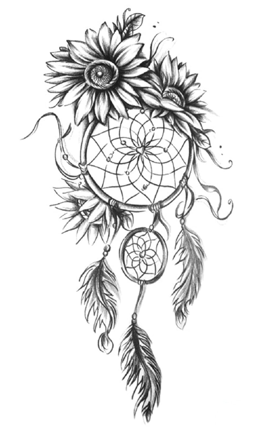 S.A.V.I Temporary Tattoo Stickers, Flowers Dreamcatcher Design For Men, Women Size 21x11cm - 1Pc.