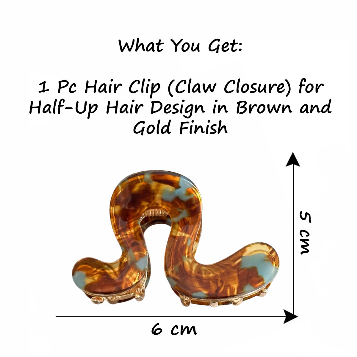 S.A.V.I Brown & Gold Tortoiseshell Acrylic Hair Claw Clip 6 cm, S-Shape Strong Grip Clutcher for Women, Half Up Ponytail Styling Accessory, Durable Stylish Use Everyday