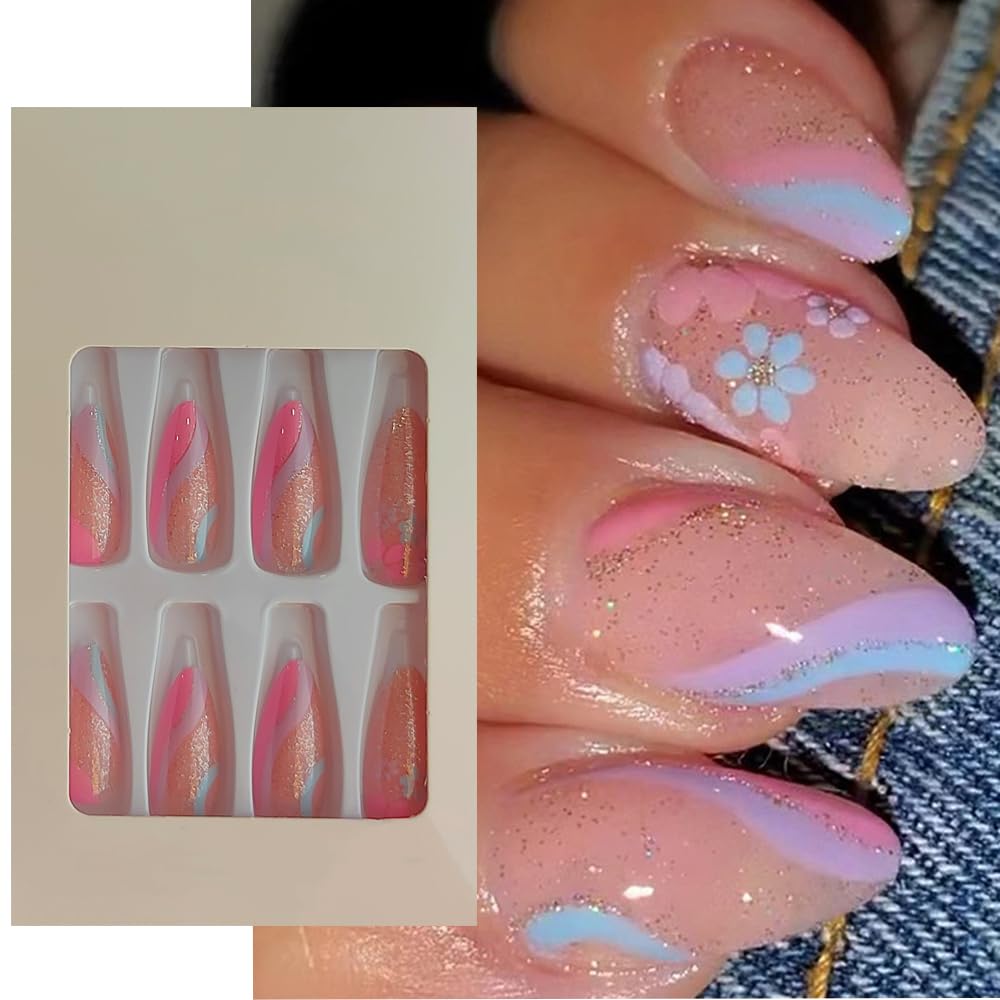 S.A.V.I 24-Pc Long Almond Nude Glitter Floral Press-On Nails, Adhesive Tabs - No Glue Included