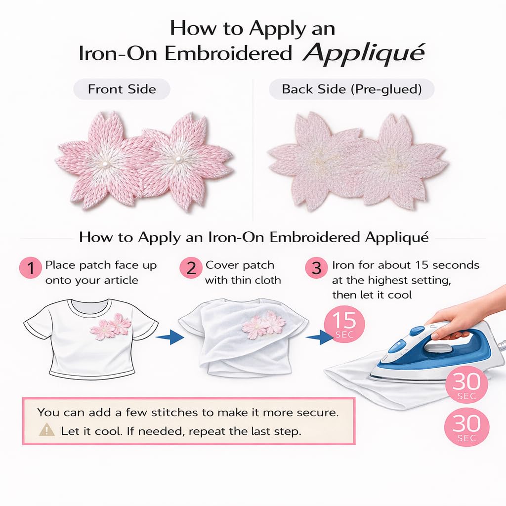 S.A.V.I Pink Floral Embroidered Iron-On Appliqué Patch, Double Cherry Blossom Design, Soft Thread Work for Dresses, Blouses, Lehengas & DIY Crafts, 5.3 x 3.3 cm (Pink)
