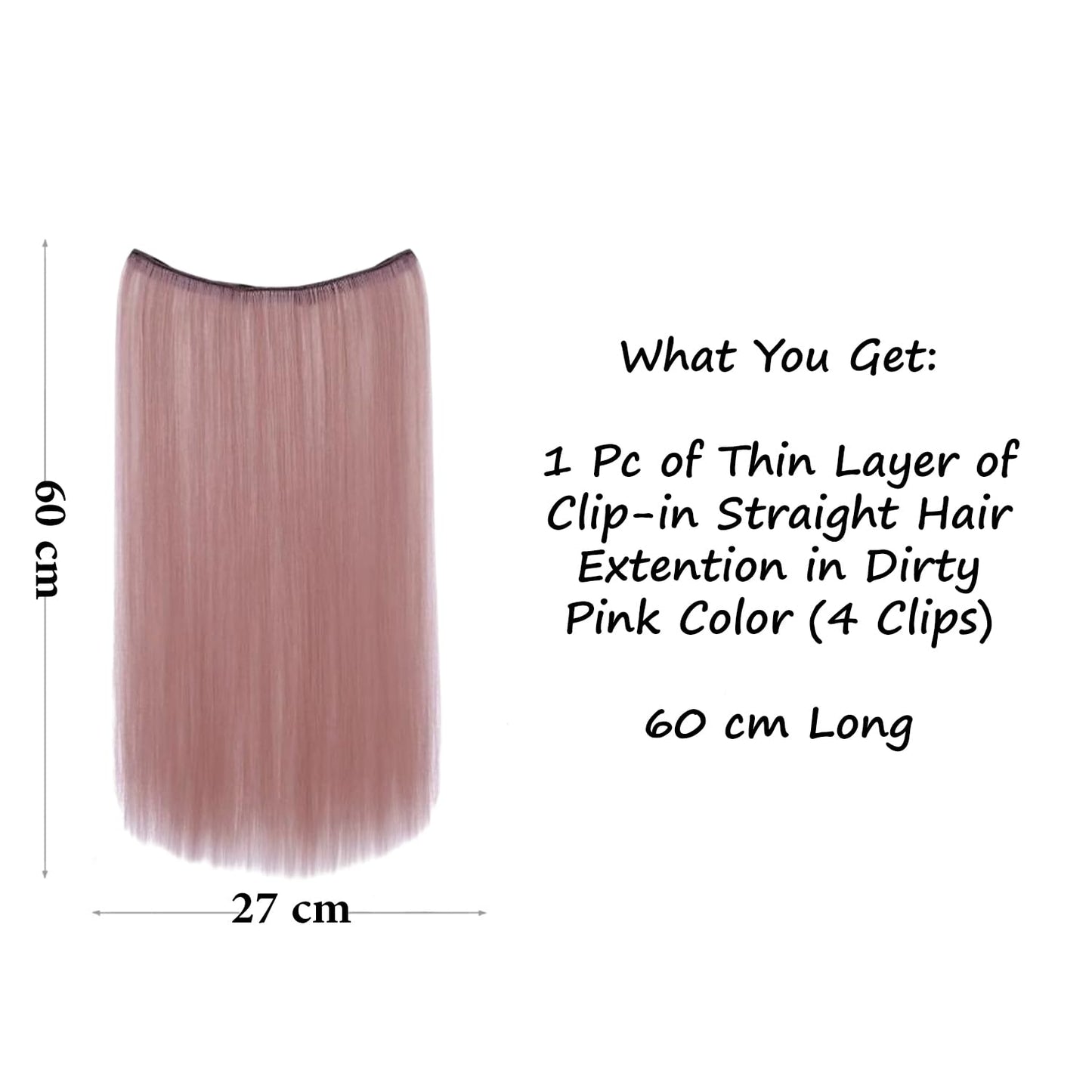 S.A.V.I Dirty Pink Clip-In Hair Extension 60 cm | Synthetic Silk Fiber Hair Patch for Women | Invisible 4-Clip One Piece | Seamless Straight Layered Highlight Streaks | Instant Volume & Length