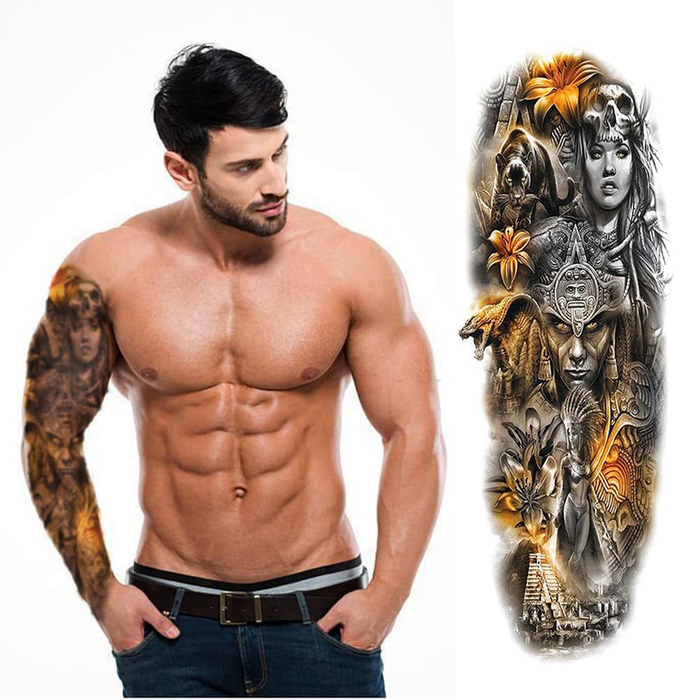 S.A.V.I Full Arm Tattoo Ancient Times Pyramid Jungle Temporary Tattoo Sticker, Size 48x17CM