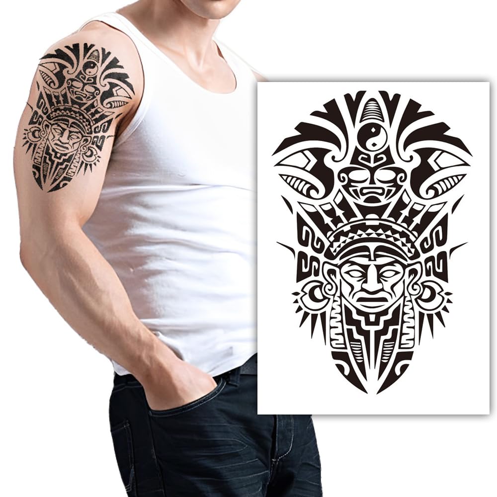 S.A.V.I 1Pc Black Tribal Aztec Warrior Design Temporary Tattoo Sheet – 21x15 cm, Waterproof  Skin-Safe – Bold Realistic Arm/Shoulder Body Art for Men – Long-Lasting Tattoo for Parties  Events