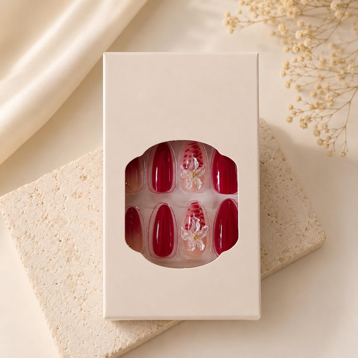 S.A.V.I Press on Nails Long Almond Burgundy 3D Flower 24 Pcs | Gloss Finish, Beads, Glue & Adhesive Tabs, Reusable DIY Full Cover Tips for Parties & Weddings