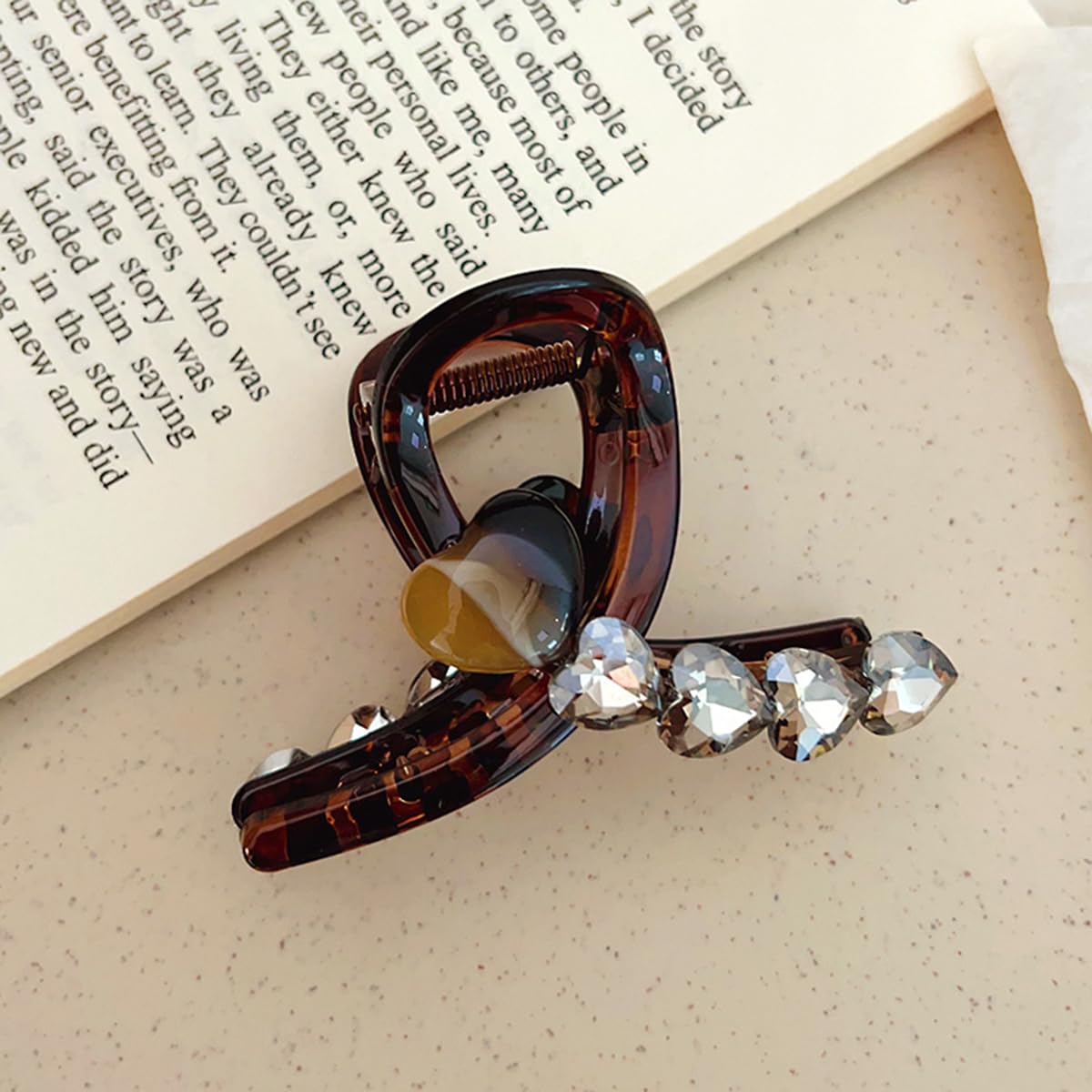S.A.V.I Women’s Brown Crystal Heart Hair Claw Clip 8cm Premium Acrylic Tortoise Shell U-Shaped Hair Clutcher with Strong Grip for Stylish Daily & Party