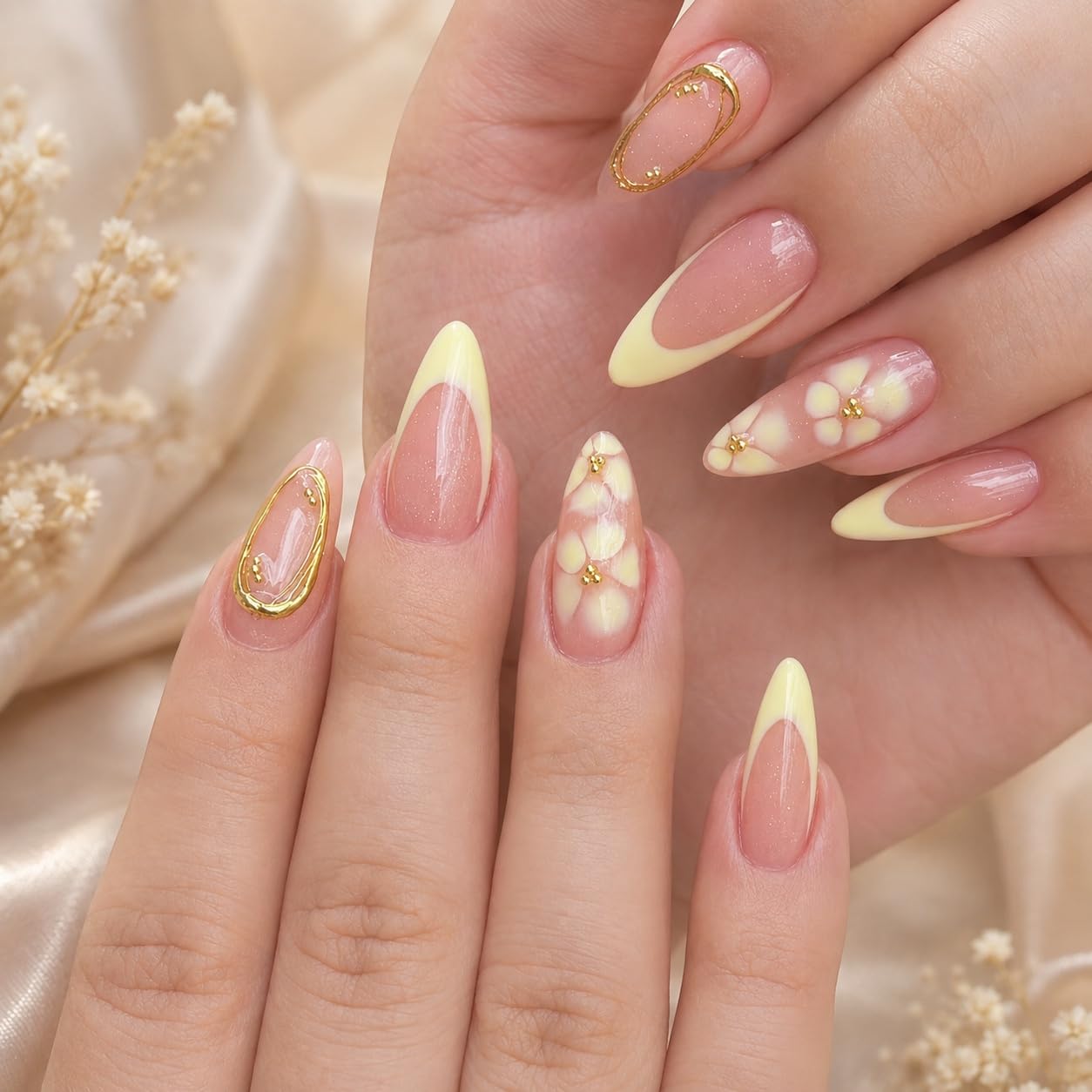 S.A.V.I Floral Almond Press on Nails Yellow Nude Glossy 24 Pcs