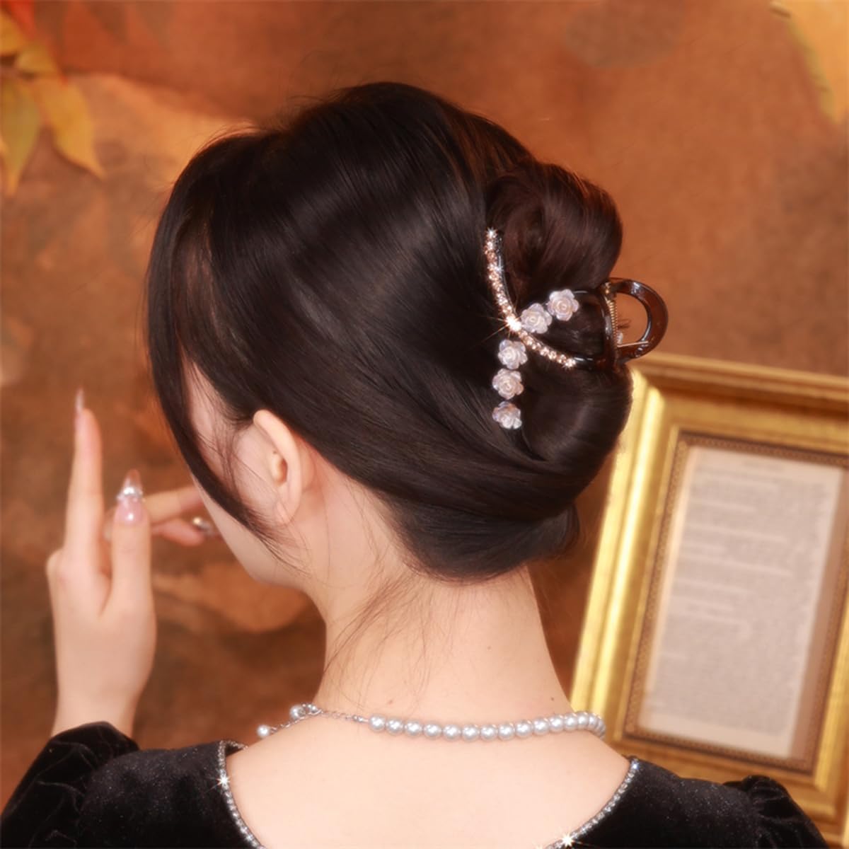 S.A.V.I Beige Resin Flower Hair Claw Clip for Women (8 cm) | Rhinestone Floral Design, Durable Acrylic Curved Clutch, Strong Grip Hair Accessory for Bun, Updo & Daily Styling