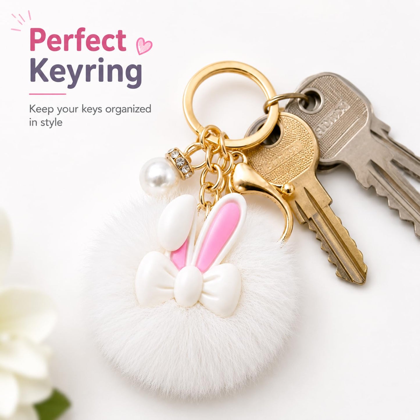S.A.V.I Bunny Pom Pom Keychain for Women & Girls, Faux Fur Bag Charm, White, Soft Plush Finish, 13 cm Cute Rabbit Pendant with Pearl Accent, Gold-Tone Clasp for Handbags, Backpacks, Keys & Gifts