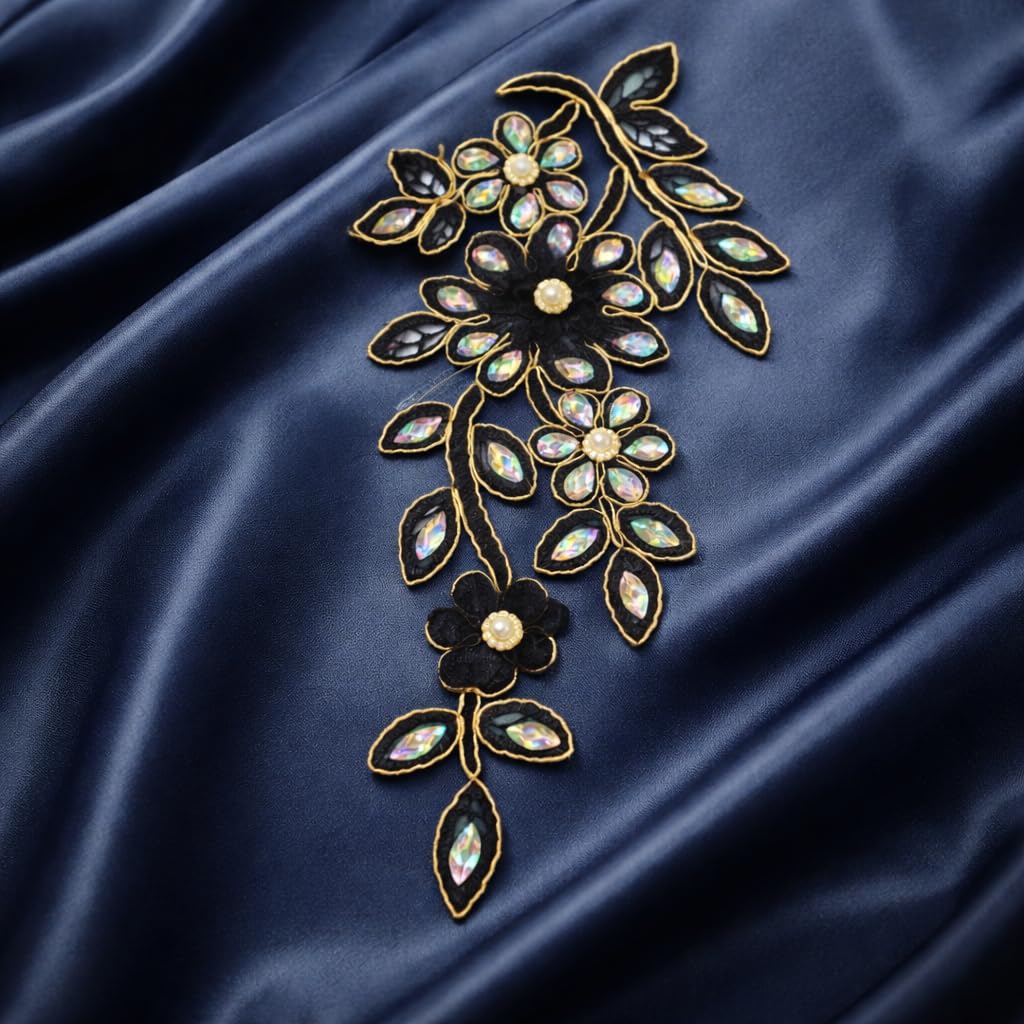S.A.V.I Black & Gold Floral Crystal Embroidered Sew-On Appliqué Patch, Net Fabric Zardozi Style Motif for Saree Blouse Gown Kurti Decoration, 14 x 27 cm
