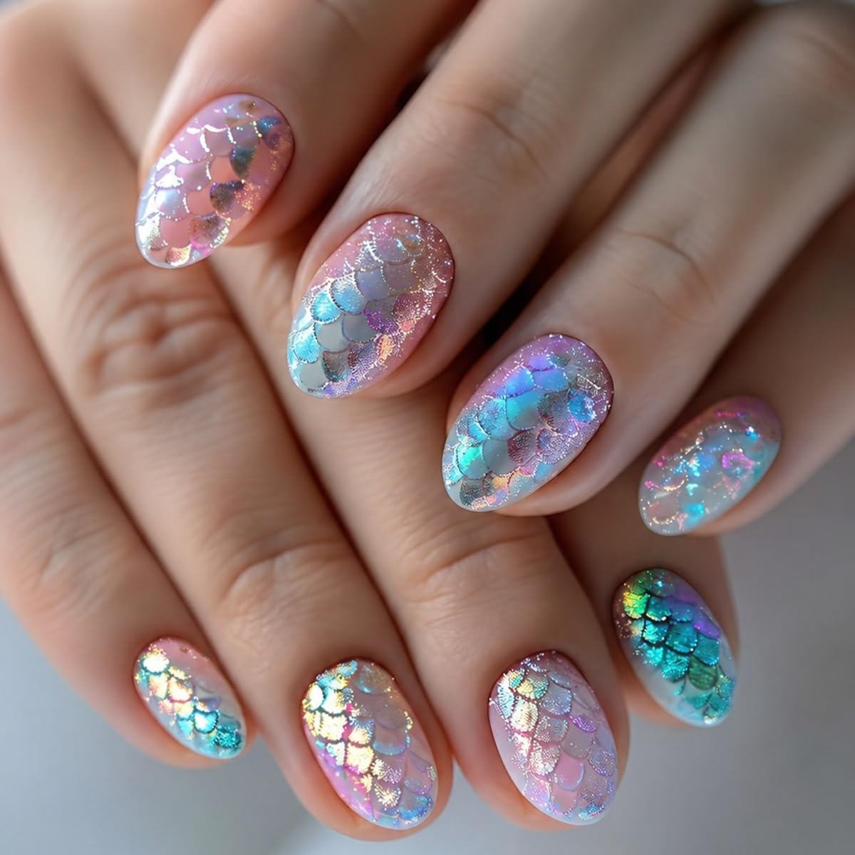 S.A.V.I 3D Mermaid False Nails 140 Pcs Clear Soft Gel Tips | Short Almond Shape, 12 Sizes, Lightweight & Comfortable, Easy to Apply & Remove, DIY Manicure