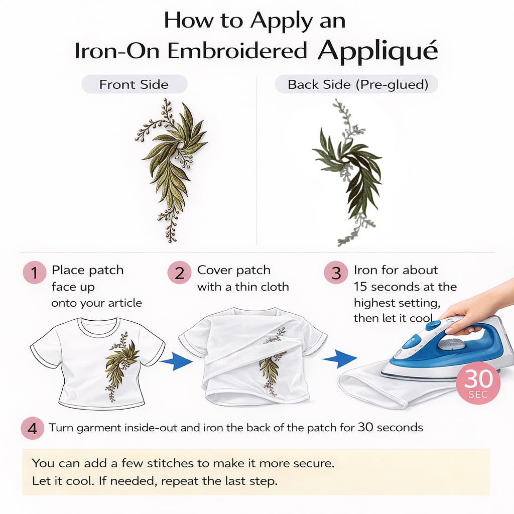 S.A.V.I Green & Silver Floral Iron-On Embroidered Appliqué Patch 7.5 x 17 cm | Leaf Motif Threadwork Design for Dresses, Sarees, Blouses & DIY Fabric Craft (Left, Green, 7.5 x 17 cm)