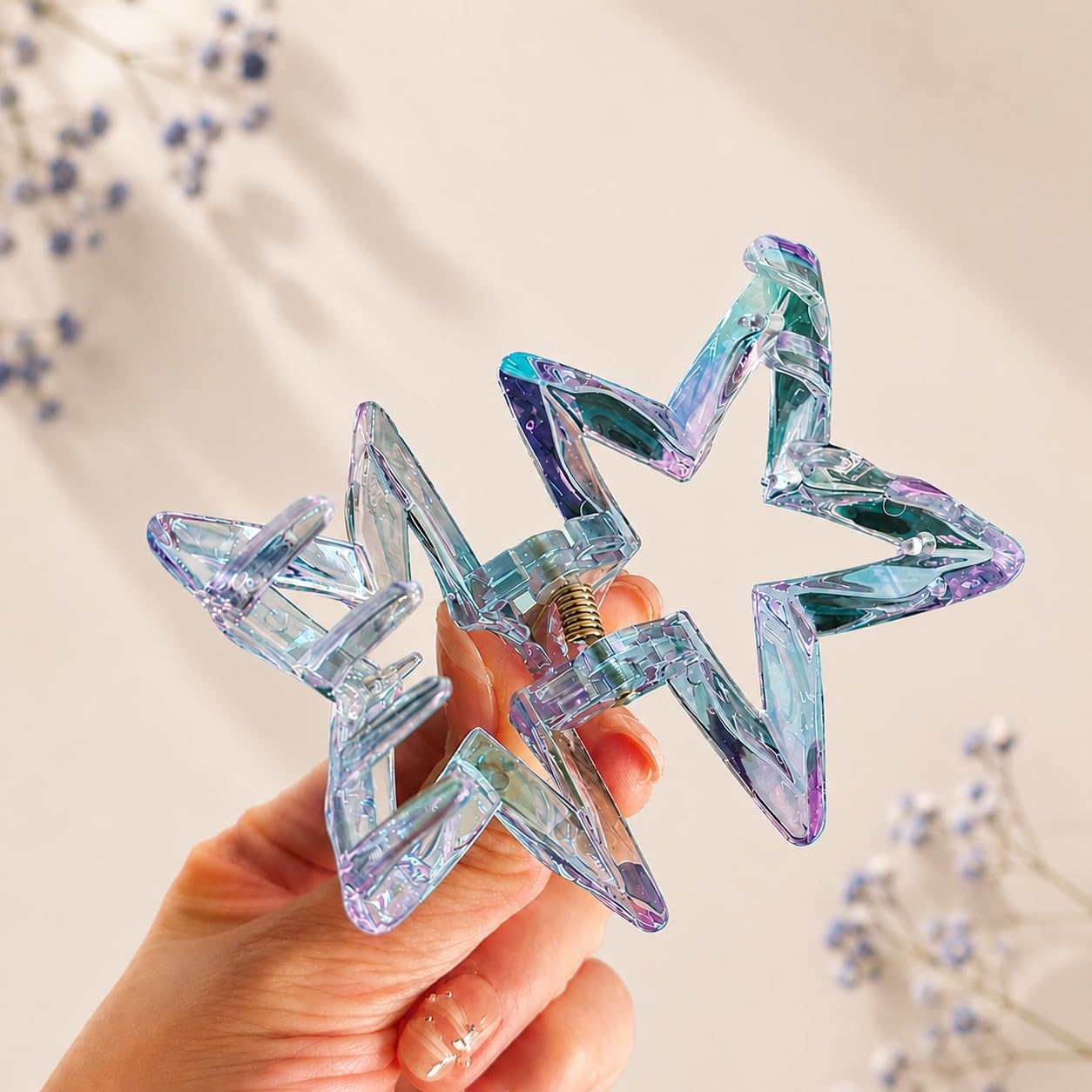 S.A.V.I Hair Claw Clip for Women Iridescent Star Grey 7 cm | Resin Material, Strong Grip, Casual & Party Use, Lightweight, For Girls