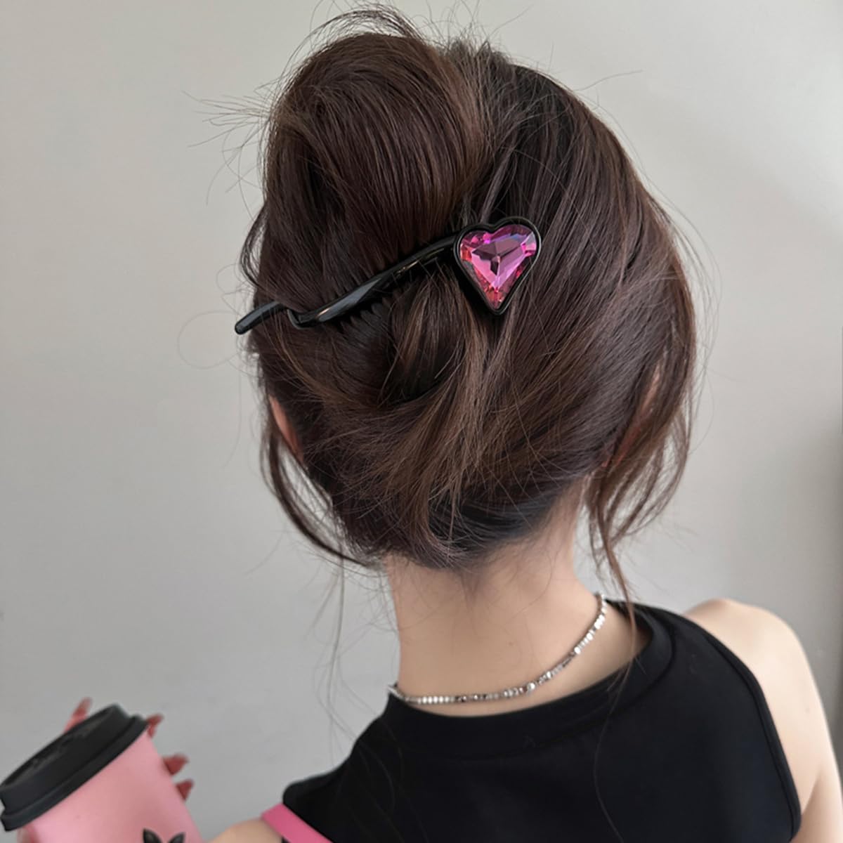 S.A.V.I Black Acrylic Hair Claw Clip for Women & Girls | 12cm Large Strong Grip with Big Pink Heart Crystal | Non-Slip Bun & Ponytail Holder Hair Accessory