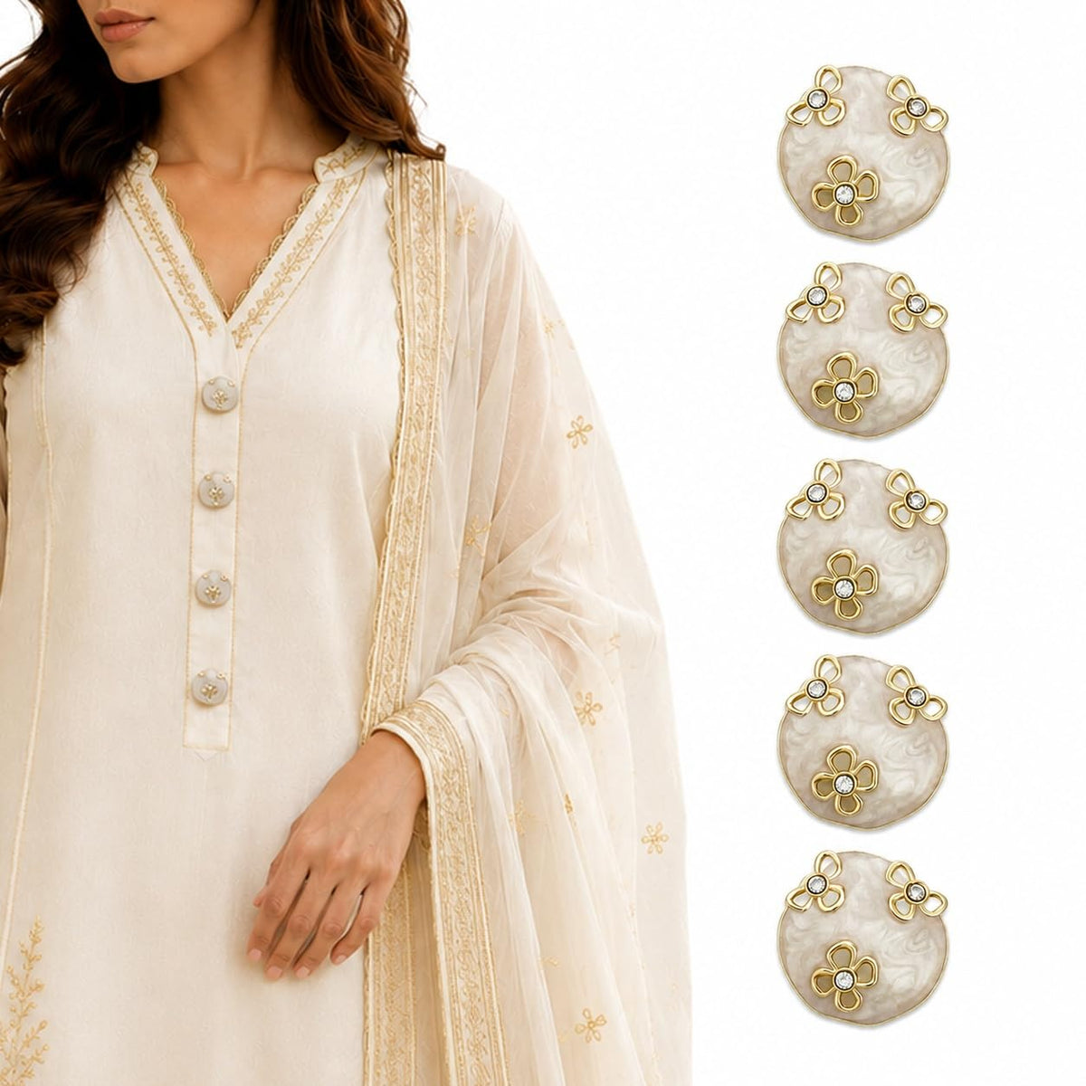 S.A.V.I Pearl Buttons for Kurti & Blouse, Ivory Gold Floral Crystal, 17.5mm | Set of 5, Shank Design, Ethnic Wear, DIY Crafts, Sewing Embellishments