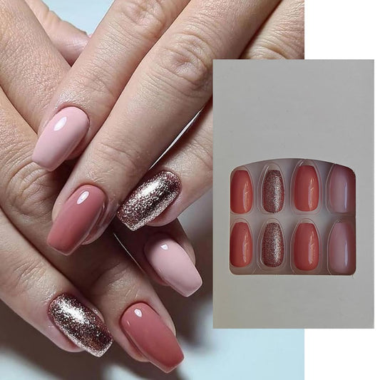 S.A.V.I 24 Pcs Pink Square Press-On Nails Set | Medium Length, Glossy  Glitter Artificial False Nails for Women  Girls | Long-Lasting, Easy to Apply DIY Manicure Kit | Reusable  Natural Look