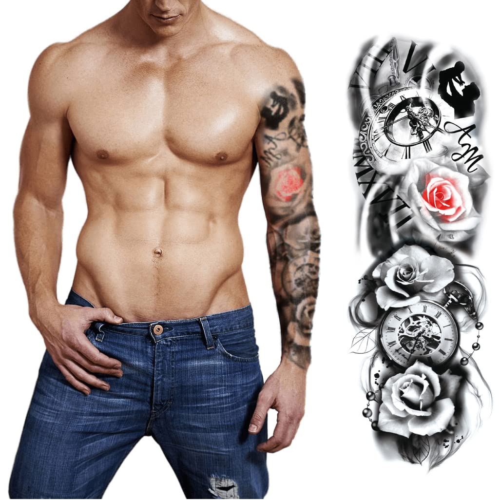 S.A.V.I Full Arm Temporary Tattoo, Ancient Clock Rose Flower Tattoo Sticker, Size 48x17CM