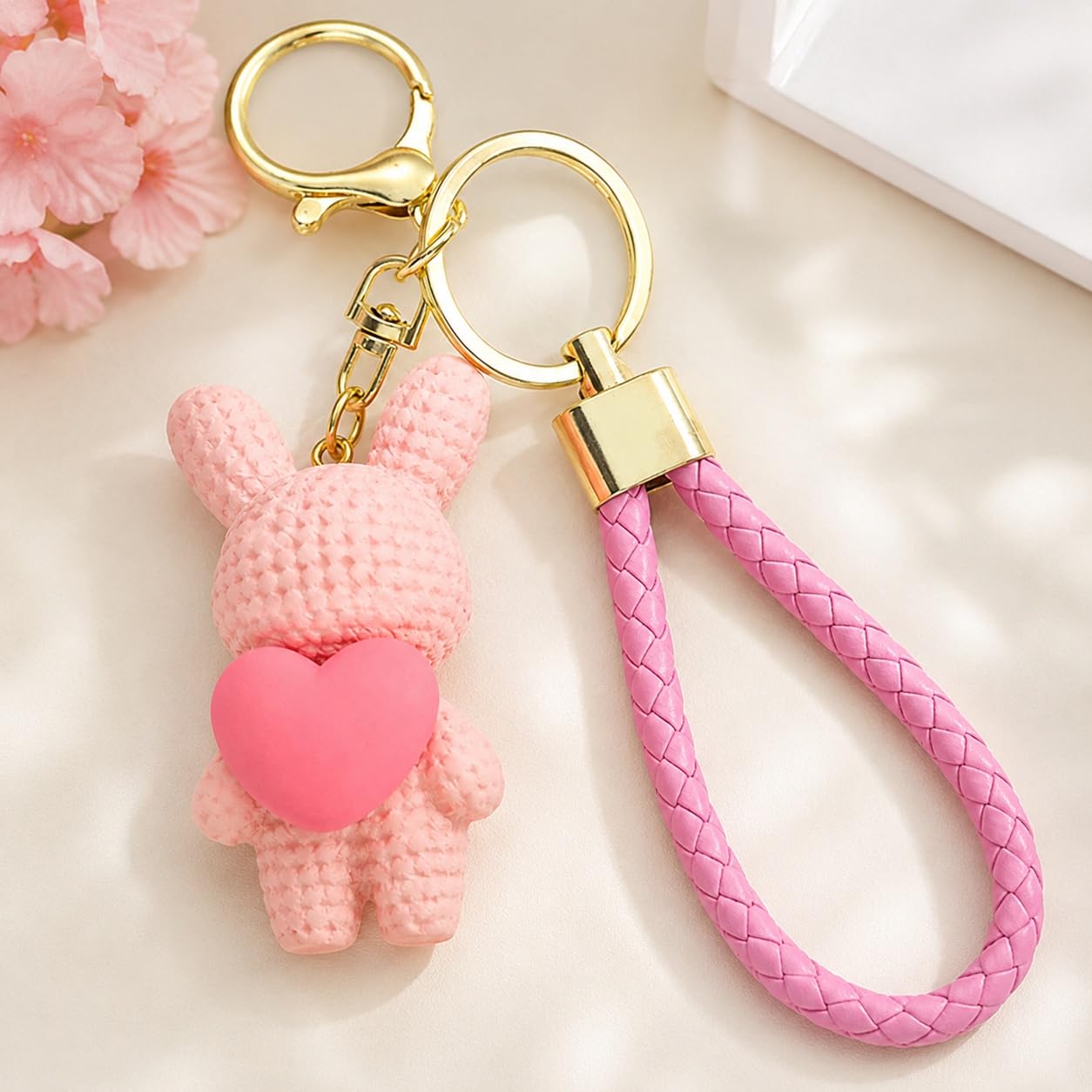 S.A.V.I Resin Bunny Keychain with Wrist Strap, Pink, 7 cm | Heart Pendant, Gold-Tone Ring, Durable PVC Loop, Bag Charm, for Women & Girls
