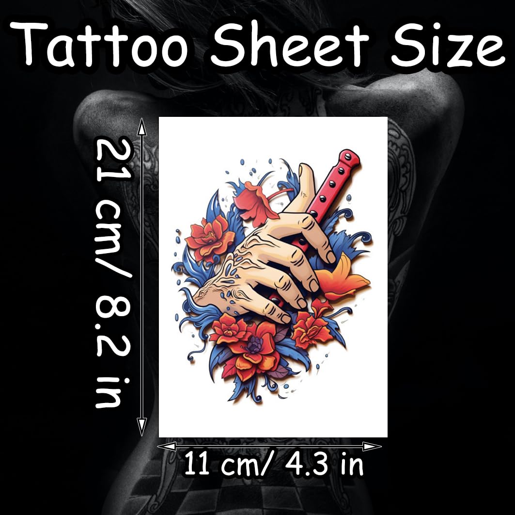 S.A.V.I Large Samurai Hand Dagger Floral Temporary Tattoo 21x11 cm – Waterproof Safe Non-Toxic Body Art Sticker, Long-Lasting Easy-Apply Fake Tattoo for Men & Women