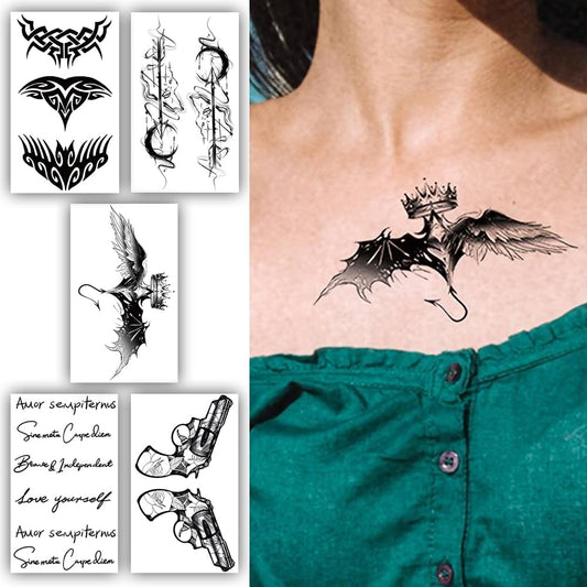 S.A.V.I 5 Sheets Temporary Tattoos - Waterproof Body Art for Men  Women, 10.5X6cm - Tribal, Guns, Wings, Inspirational Text - Long-Lasting Tattoo Stickers for All Occasions