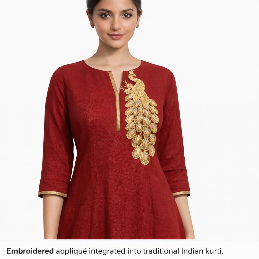 S.A.V.I Gold Peacock Embroidered Sew-On Appliqué Patch 14 x 30 cm | Zari Thread, Beads & Stone Designer Motif for Blouse, Kurti, Gown & Saree