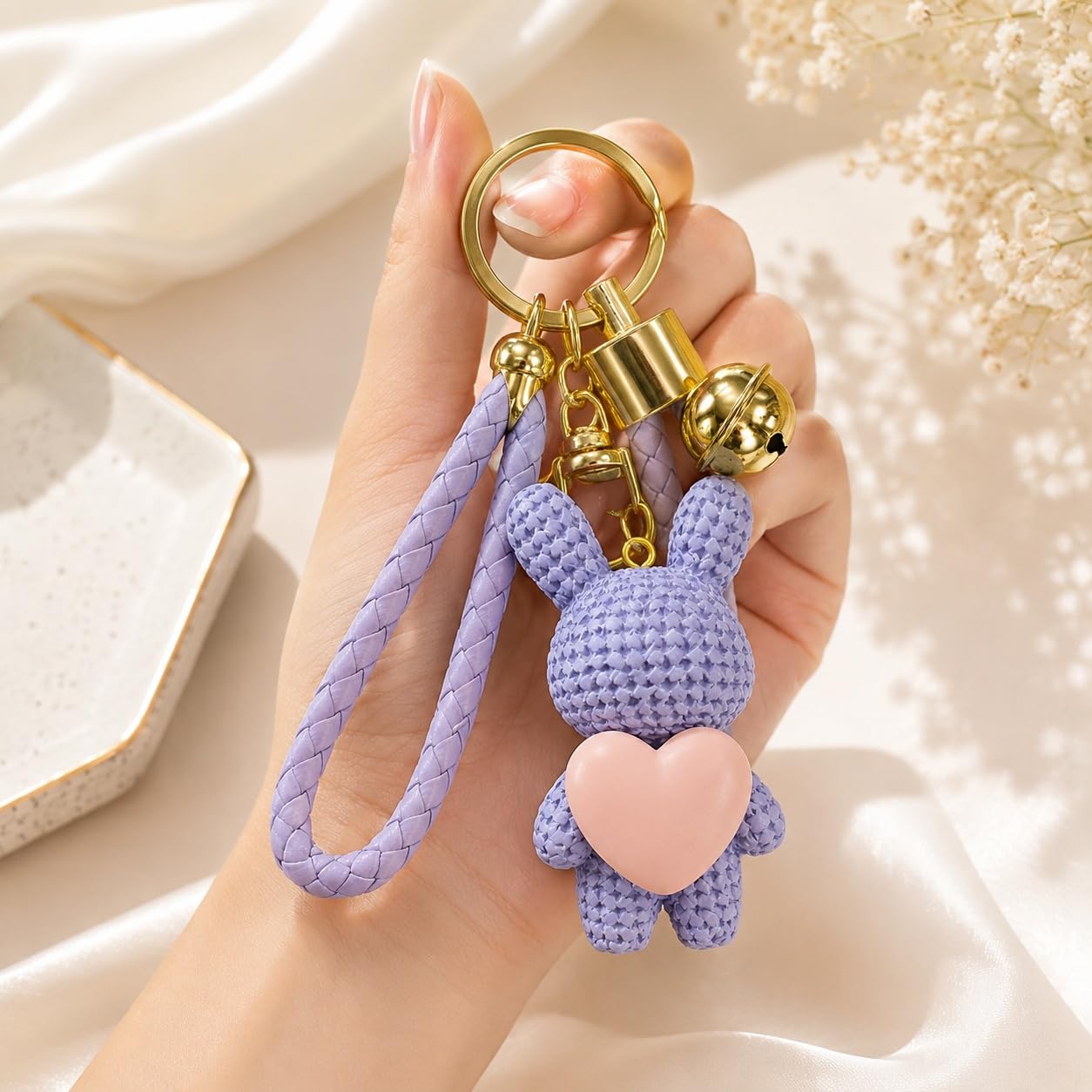 S.A.V.I Bunny Keychain Resin Bag Charm Purple with Heart Pendant | Braided Wrist Strap, Gold Bell Accent, 7 cm Pendant, for Backpacks & Handbags, for Women & Girls