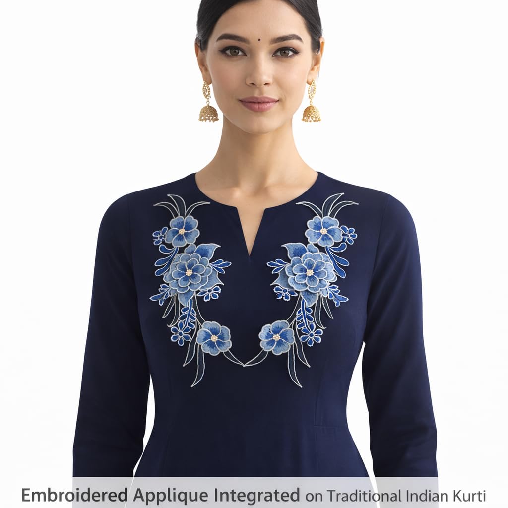 S.A.V.I Pair of Blue Floral Embroidered Applique Sew On 12.5 x 33.5 cm | Fabric Neckline Motif for Dresses Kurtis Gowns & Designer Wear (Blue)