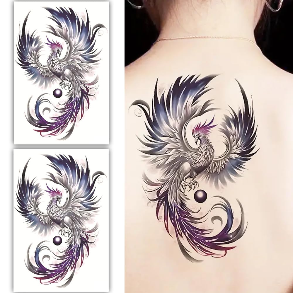 S.A.V.I 2 Sheets Large Phoenix Temporary Tattoo 19x12cm - Stylish Grey, Purple  Pink Waterproof Body Art Stickers for Women  Men - Long-Lasting, Easy to Apply  Remove - Party  Event Ready