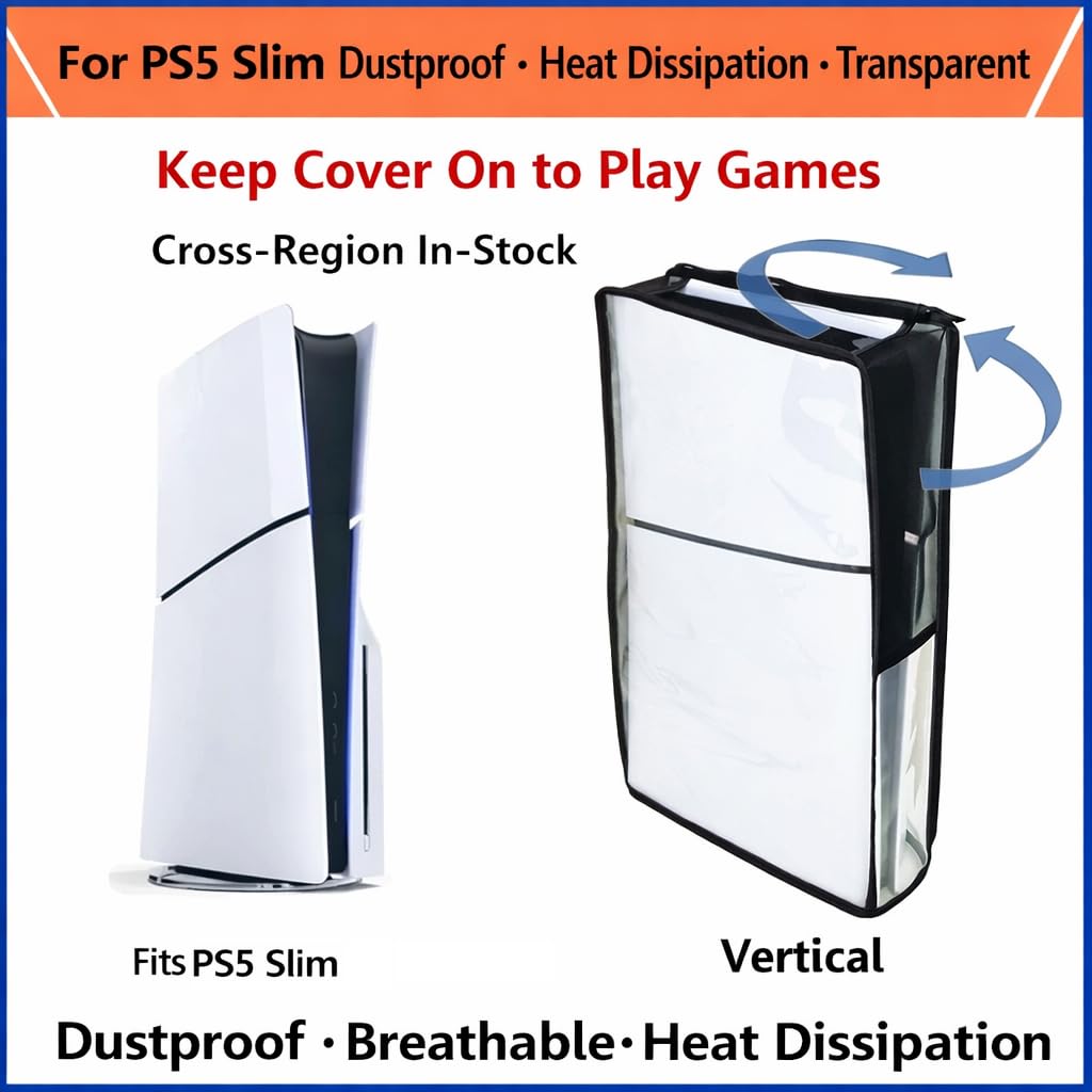 S.A.V.I Dustproof Breathable Cover for PS5 Slim Vertical Console, Black & Transparent Mesh with TPU Case, Flip-Open Cooling Design, Scratch & Water Resistant (Vertical)