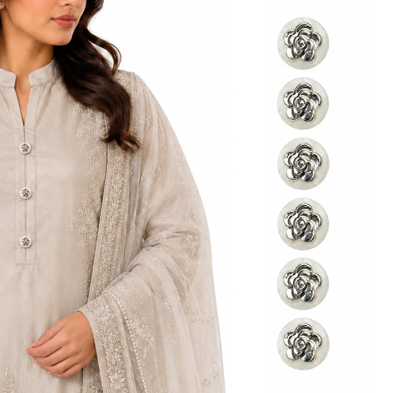 S.A.V.I Silver Camellia Shank Buttons for Kurti, 11mm, Set of 6 | White Pearl-Look, Floral Design, For Blouse & Dress, Craft Projects, Decorative Embellishments