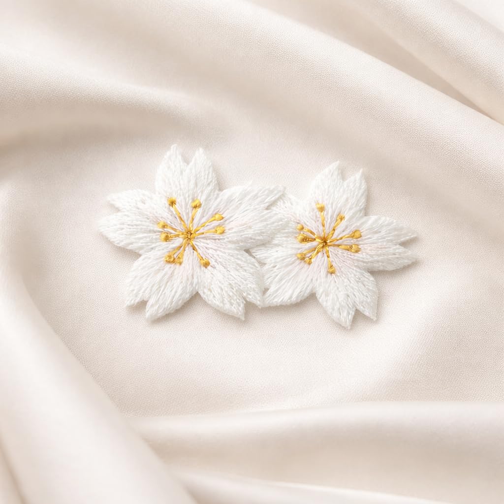 S.A.V.I White Floral Embroidered Iron-On Appliqué Patch, Double Cherry Blossom Design, Soft Thread Work for Dresses, Blouses, Lehengas & DIY Crafts, 5.3 x 3.3 cm (White)