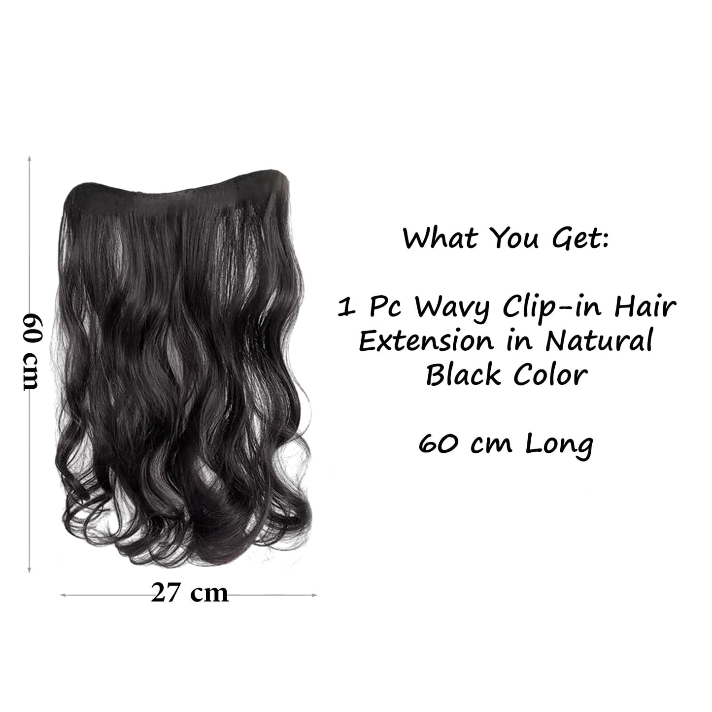 S.A.V.I Natural Black Wavy Clip-In Hair Extension 60 cm | Synthetic Fiber One-Piece Hair Patch for Women | Volumizing Crown Topper with Secure Grip Clips | Reusable Hair Enhancer for Instant Length & Volume