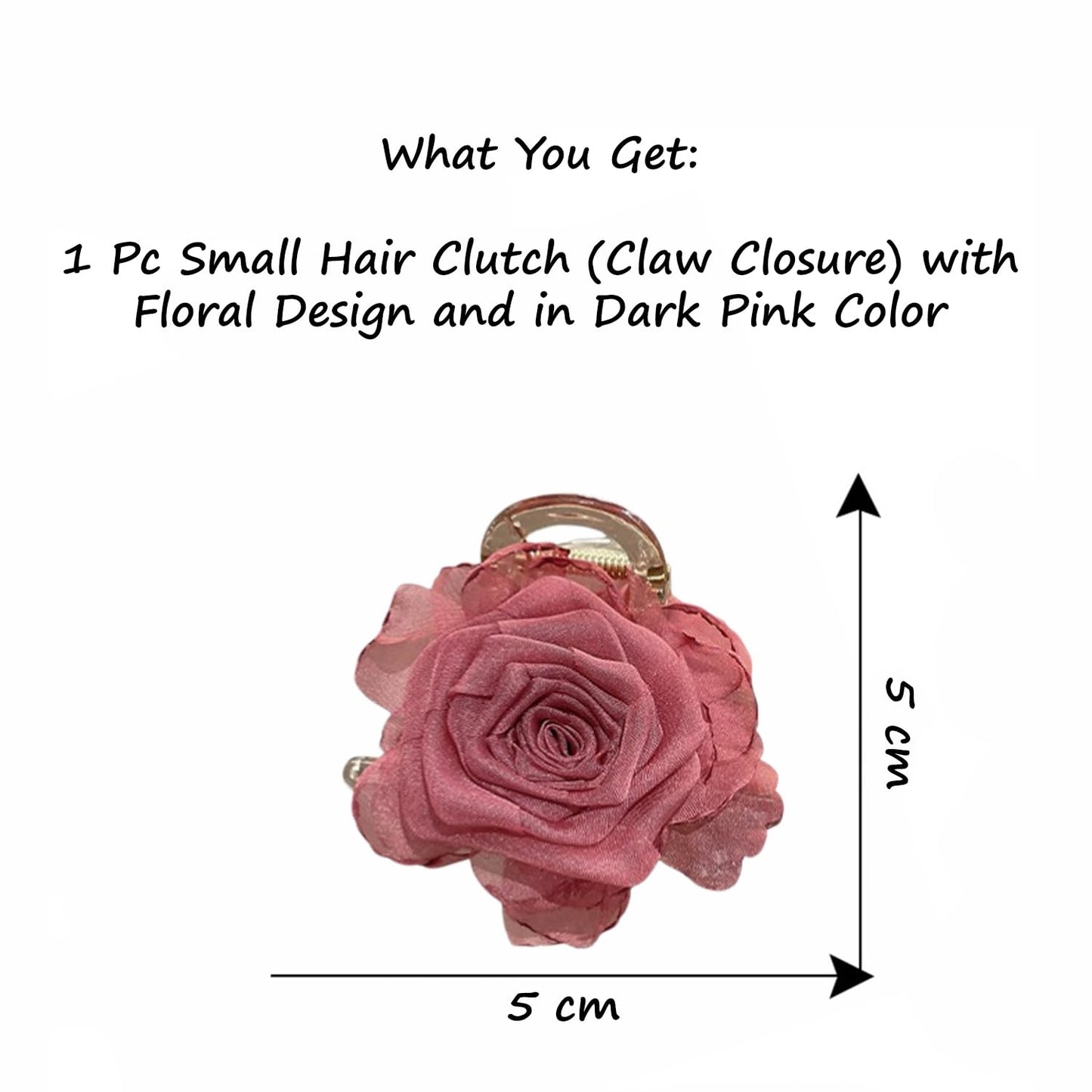 S.A.V.I Dark Pink Rose Hair Claw Clip for Women & Girls, 5 cm Small Floral Hair Clutch, Chiffon Fabric Flower Design, Stylish Hair Accessory for Daily, Party & Ethnic Look
