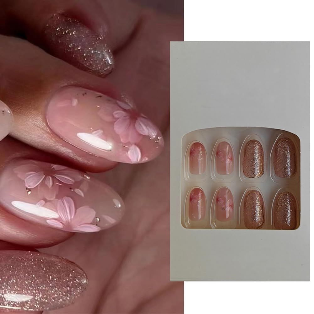 S.A.V.I 24 Pcs Medium Length Press-On Nails | Round Shape, Pink Floral Design with Glitter | DIY Artificial False Nails | Natural Look, Easy to Apply, Long-Lasting Stick-On Nails for Women  Girls