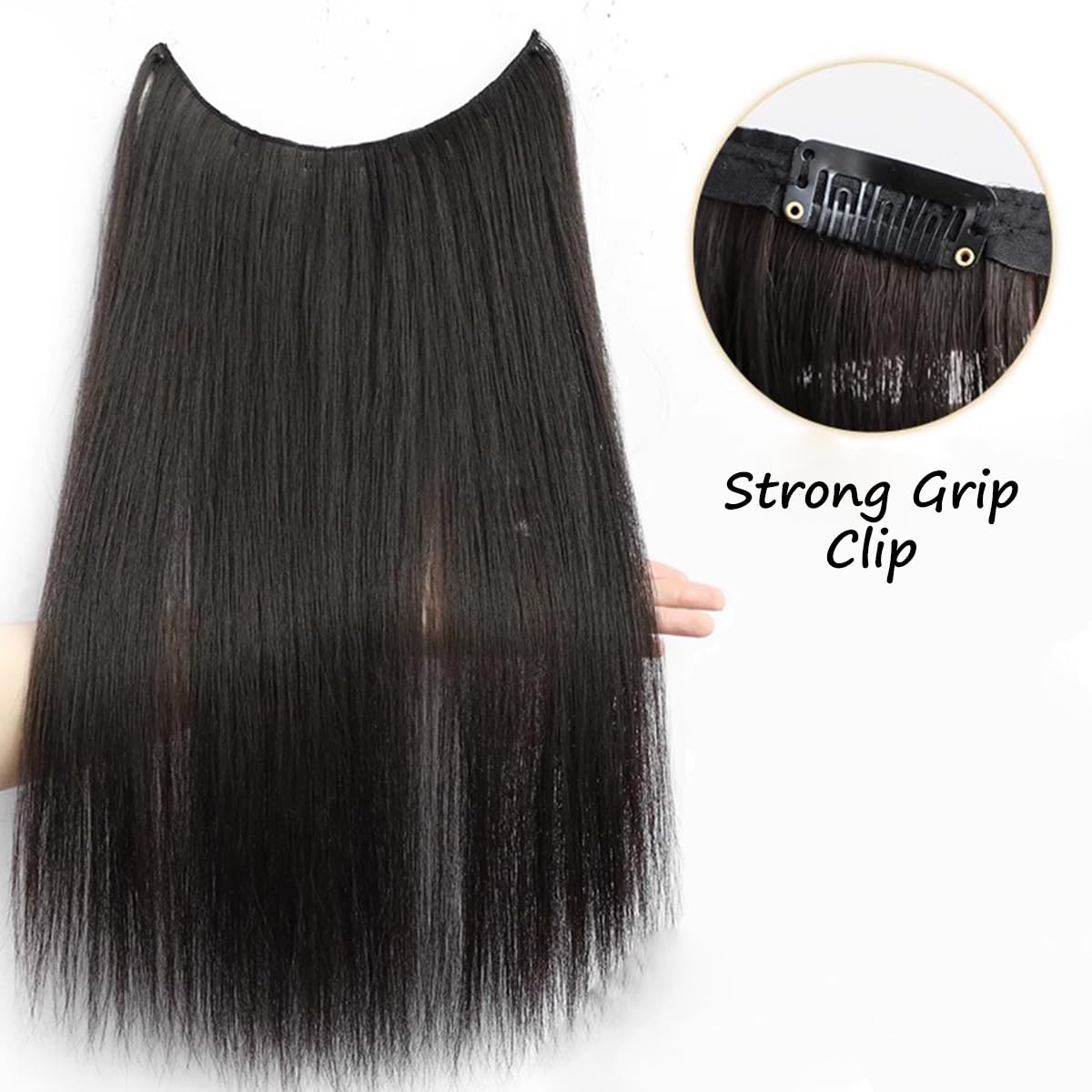 S.A.V.I Natural Black Clip-In Hair Extension 60 cm Straight Long Hair Patch for Women | One Piece 4 Clip Volumizer | Soft Synthetic Fiber | Seamless Thick Natural Look | 27 cm Wide