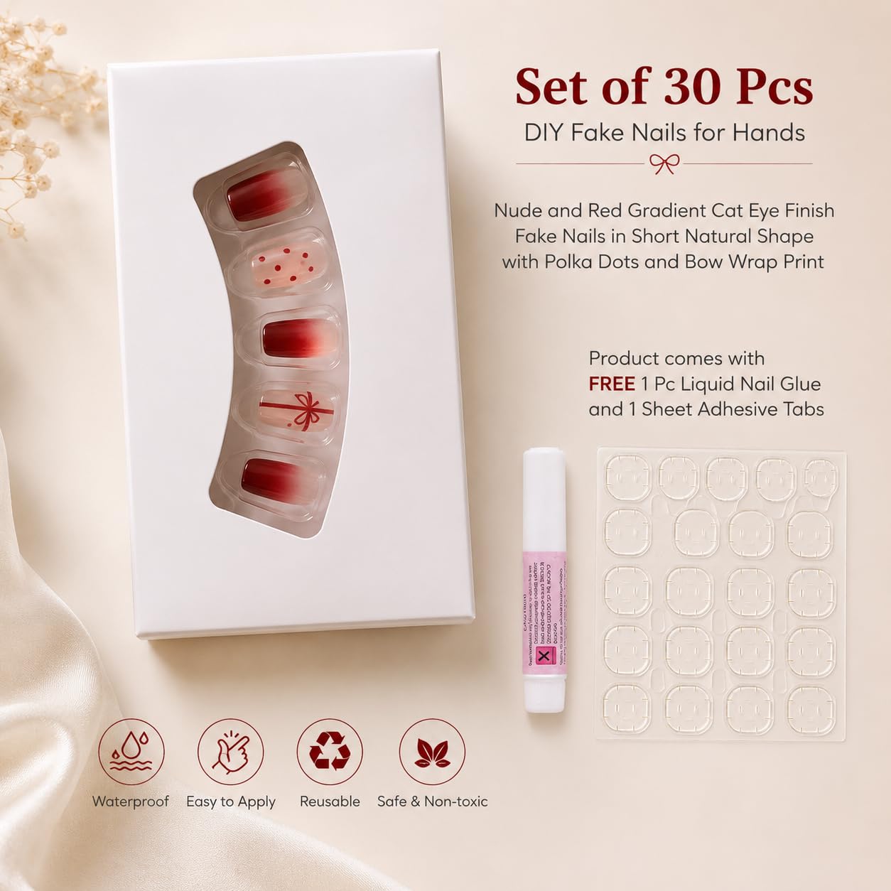 S.A.V.I Press-on Nails Short Cat Eye Red Nude Set of 30 | Bow & Polka Dot Design, Glossy Gradient Finish, Includes Glue & Adhesive, Reusable & Waterproof, DIY Manicure